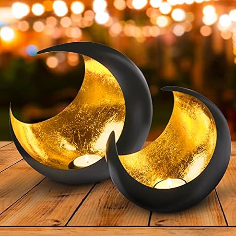Juego de 2 portavelas oriental luna, grande, 20 cm, oro oriental, vintage, color negro y dorado Cover