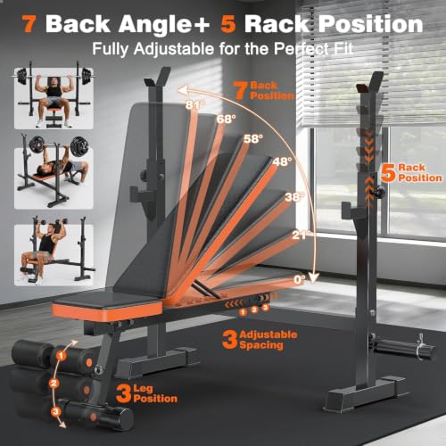 Image of Adjustable Weight Bench with Squat Rack, 770lbs Heavy Duty Olympic Bench Press for Home Gym, Multi-Function Flat Incline Workout Bench Family Strength Training with Removable Foot Catch