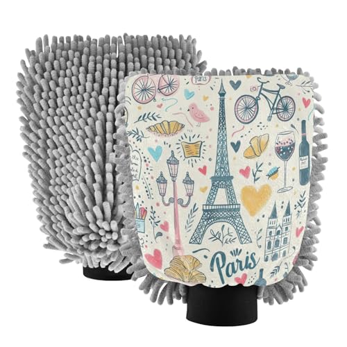 Kigai Cartoon Eiffel Tower Car Wash Mitt Microfiber, 2Pcs Scratch Free Lint-Free, Premium Chenille Microfiber Mitt Car Wash Brush-L