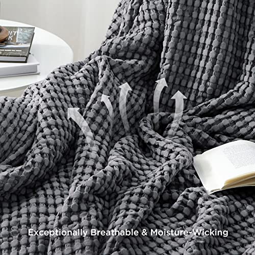 Image of Bedsure Cooling Cotton Waffle Weave Blanket - Lightweight Breathable Blanket of Rayon Derived from Bamboo for Hot Sleepers, Luxury Throws for Bed, Couch and Sofa, Dark Grey, 50x70 Inches