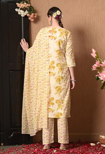 Image of Amazon Brand - Tavasya Women Cotton Anarkali Kurta Pant Dupatta Set | Printed Ethnic Suit Set | Flared Anarkali Kurta with Pant & Dupatta | Festive & Casual Wear