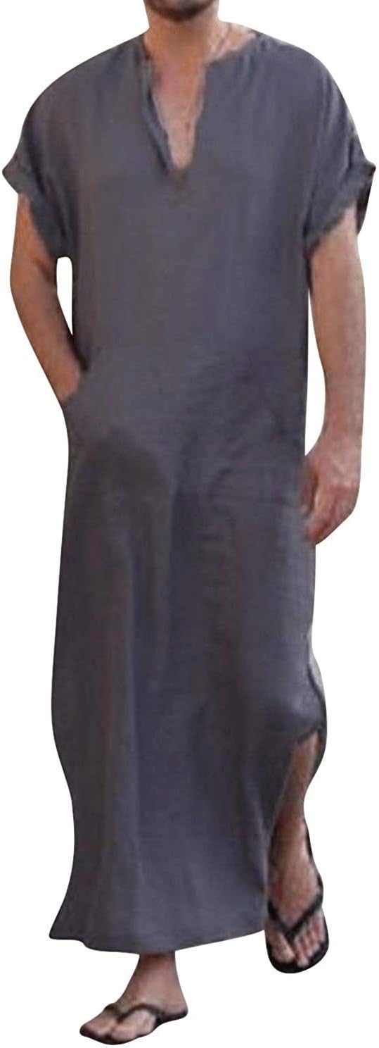 HONIEE Men's Caftan V-Neck Short Sleeve Robe Side Split Cotton Long Gown Thobe S-5XL