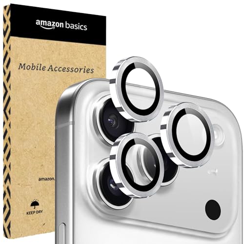 Image of amazon basics Camera Glass Lens Protector Ring for iPhone 17 Pro Case Friendly with Edge to Edge Coverage and Easy Installation (Silver)