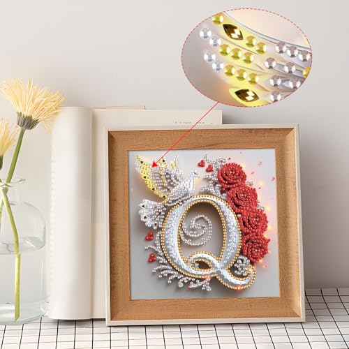 Image of AiYuanzsh 5D Diamond Art Kits for Adults Letter Q, Quaint Rose & Dove Alphabet Special Shape Diamond Painting Kit, DIY Luxury Diamond Art for Home Decoration and Valentine's Day Gift 17x17cm