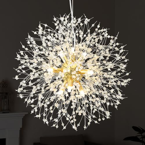 Qamra Modern Gold Crystal Chandeliers, Firework Dandelion Sputnik Chandelier Light Fixture Pendant Lighting for Dining Room, Bedroom, Kitchen, Living Room(9-Light, Gold)