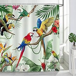 Alcampo Cortina Baño Bonhause Cortina de Ducha Pájaros Loro Hojas Tropicales Verdes Cortina de Baño Poliéster Impermeable Antimoho Lavable Cortina Ducha 180 x 180 cm con 12 Ganchos