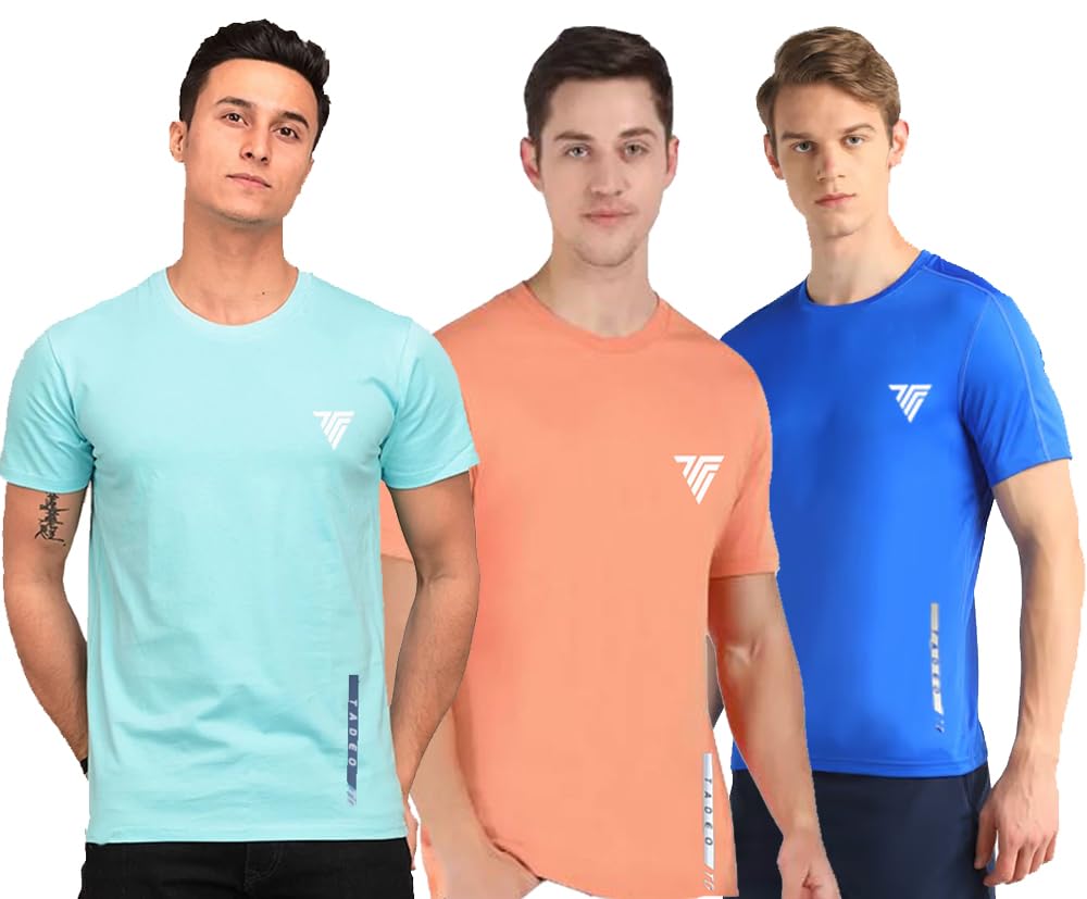 Men's Quick Dry Solid Round Neck Regular Fit T-Shirt | Casual and Active Gym Wear Tshirt (Pack of 3) Multicolor B-M-Bazar