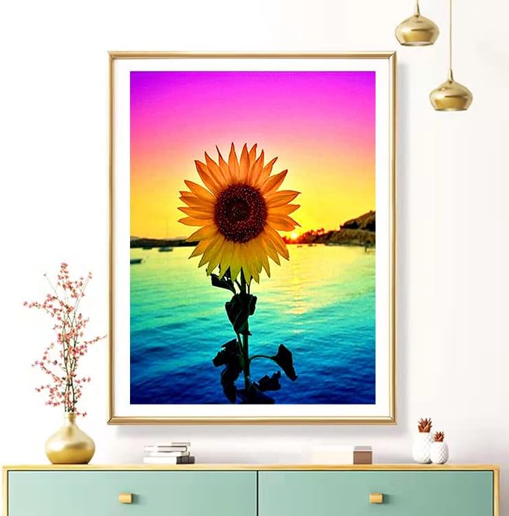 Miniatura 4 de HSENJT Kit de pintura de diamante 5D de girasol, arte de diamantes de flores para adultos, pintura de diamantes, taladro redondo completo,