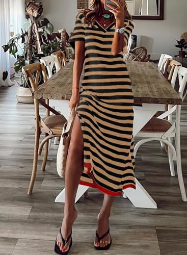 Image of Wkior Women's Summer Maxi Dress Loose Casual Long Dress Color Block Short Sleeve Split Maxi Dresses(S-2XL)