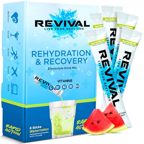 Revival Rapid Rehydration Electrolytes Powder - High Strength Vitamin C, B1, B3, B5, B12 Supplement Sachet Drink, Effervescent Electrolyte Hydration Tablets - 6 Pack Watermelon