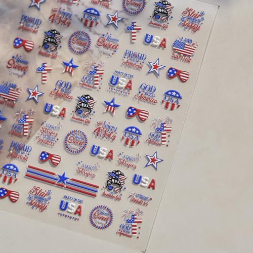 Image of Independence Day Nail Art Stickers Red Blue Nail Decals Star with USA Design American Flag 4th July Nails Stickers 5D Self Adhesive Patriotic Nail Supplies for Women Girls Manicure DIY Decoration