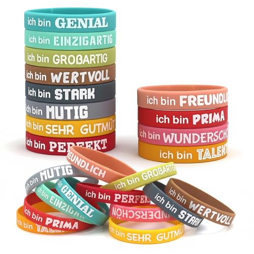 Siblaies 24 Motivationsarmbänder für Kinder mit deutschen Sprüchen – 18 cm Silikonarmbänder als Geschenke für Kita-Verabschiedung, Kindergeburtstage & Einschulungs-Mutmacher​