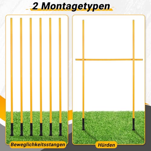 Eikuavons Slalomstangen Fussball Set, Slalom Poles 6, Horizontale Stöcke 2, 150cm Slalom Stangen mit Feder, Sprunghafte Agilität Stangen, Fussball trainingszubehör für Koordinationstraining