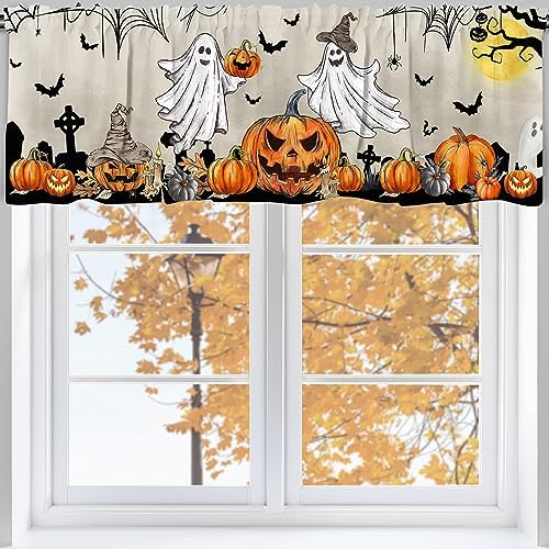 PINATA Halloween Valance Curtain for Kitchen 18”x54” Decor,Fall Curtains,Orange Window Living Room Bedroom Decor Scroll,Rod Pocket Valances,Window Treatment,Grey (hallo5413)