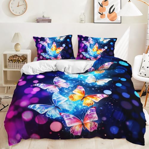 Bettwäsche 220x240 Schmetterling Rosa Blau Bettwäsche 220x240 Weich Mikrofaser Bettdecken Atmungsaktiv Bettwäsche 240x220 Langlebig,Waschbar Bettbezug mit Reißverschluss+2 Kissenbezug 80x80