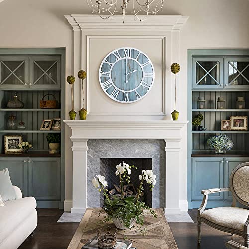 Wood Wall Clock Farmhouse Style Metal Silent Non Ticking Round Rustic Beach Blue Solid Wooden Noiseless Wall Clocks with Roman Numerals for Living Room Decor,Dining Room,Kitchen,Office (40CM)… - Image 8