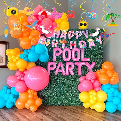 Image of Pink Pool Party Birthday Decorations, Summer Tropical Flamingo Hanging Swirl Streamers, Pool Party Foil Balloon Banner, Teen Girls Bachelorette Swimming Pool Happy Birthday Party Supplies