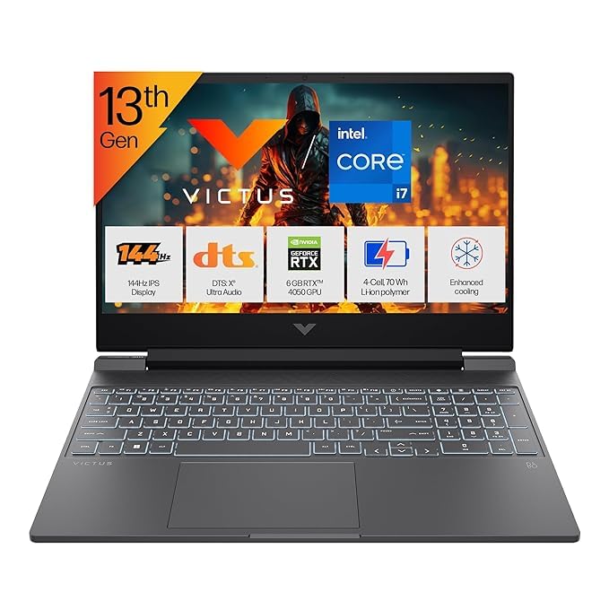 HP Victus 15-fa2104TX Intel Core i7 13th Gen Gaming Laptop (16GB, 512GB SSD, Windows 11 Home, 6GB Graphics, 15.6 inch 144 Hz IPS Full HD Display, NVIDIA GeForce RTX 4050, Mica Silver, 2.29 KG)