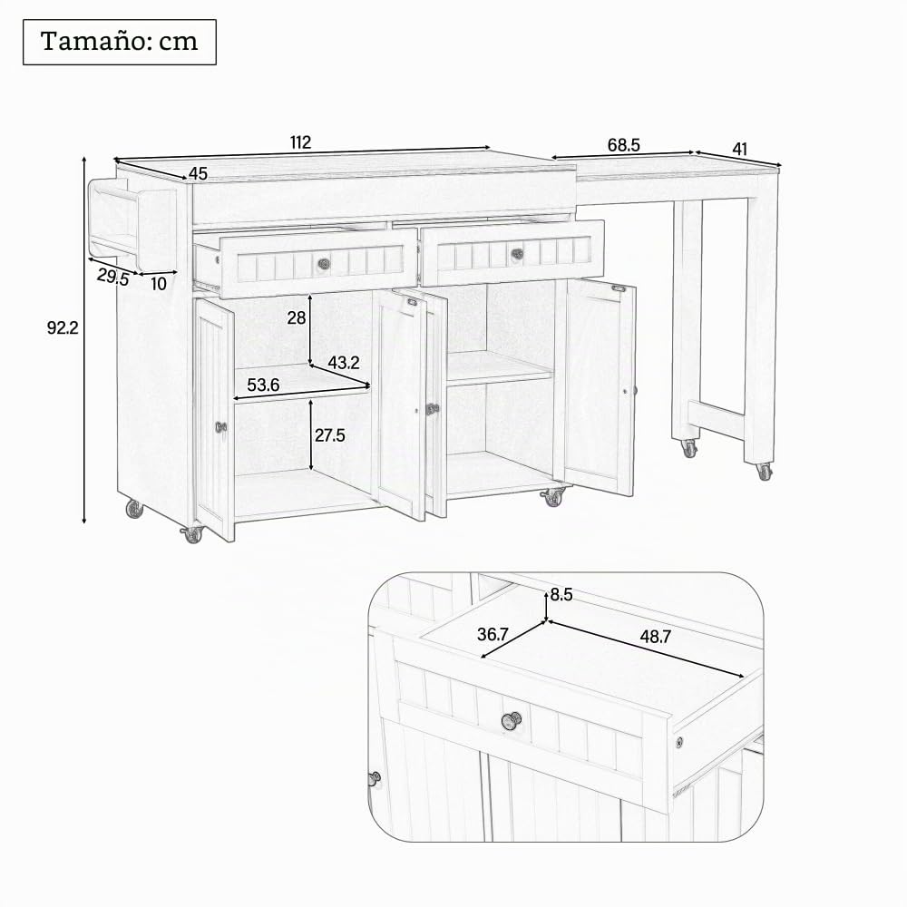 Carrello da cucina mobile espandibile con piano di lavoro nero con cassetti e divisori Mobili versatili per sala da pranzo Design indipendente per una facile mobilità