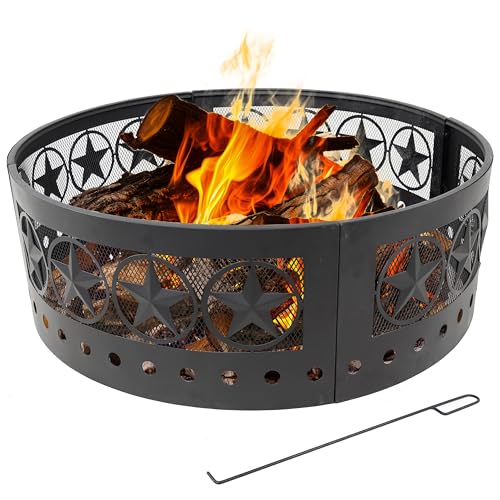 Sunnydaze 36-Inch Outdoor Fire Pit Ring with Poker - Round Heavy-Duty Steel Fire Ring for Camping or Backyard - 4-Star - 12