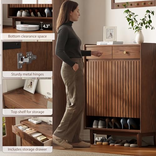 Image of KungFuWood 30 inch W Solid Wood Shoe Cabinet Storageand 2 Adjustable Shelves,Shoe Storage Cabinet with Doors,Wooden Shoe Organizer Cabinet for Entryway, Foyer