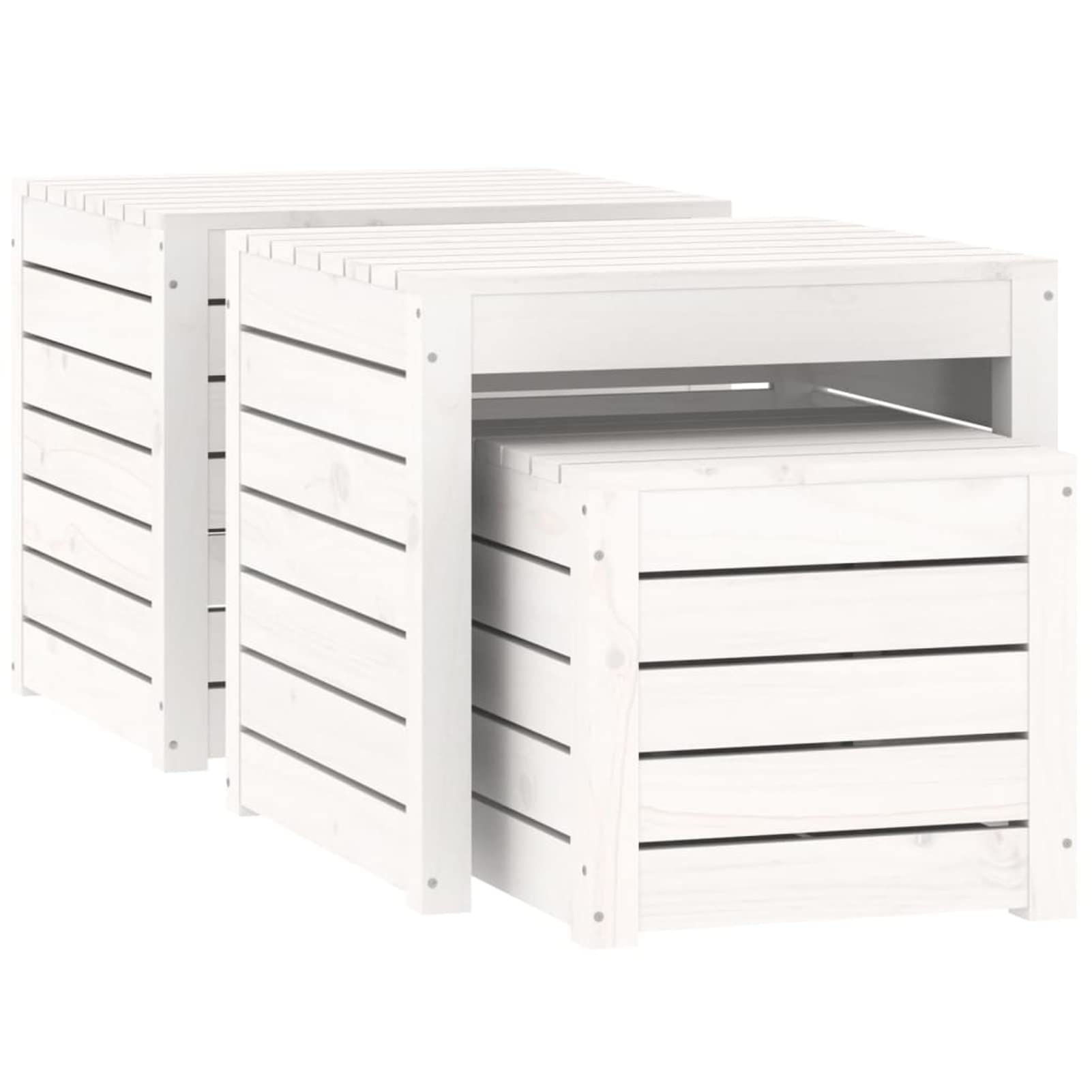 Gecheer Set di scatole da giardino, set di 3 pezzi, bianco legno di pino massiccio, contenitore di immagazzinaggio esterno, organizer per attrezzi da giardino, cassapanca per balcone, piscina,
