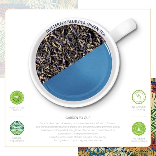Image of Dabri Blue Flower Butterfly Pea Green Tea 32 Pyramid Dip Tea Bags|Pack of 2 x 16 Bags Each|Natural Loose Leaves with Blue Flower Herbal Blend|Farm Fresh|Rich in Antioxidants|Support Hair, Skin Health