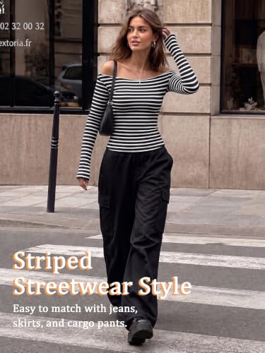 Image of Women Off Shoulder Striped Long Sleeve Top 2026 Fall Going Out Tee Shirts