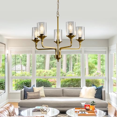 Image of Gold 5-Lights Glass Chandelier Rustic Metal Pendant Lighting Ceiling Light Fixtures Hanging for Farmhouse Kitchen Living Room Foyer Dining Room.