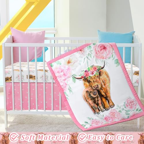 Image of Hahafelt 3 Piece Highland Cow Baby Crib Bedding Set for Baby Girls Pink Floral Nursery Crib Sets Includes Quilt,Fitted Crib Sheet, Crib Skirt for Newborns Baby Boy Girl