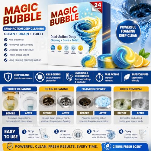 Image of Dual Action Magical Drain & Toilet Cleaner Tablets for Deep Cleaning & Odor Removal | Foaming Cleaning Tablets for Sink, Pipe & Toilet Unclogging Support | Fresh Citrus Fragrance (24)