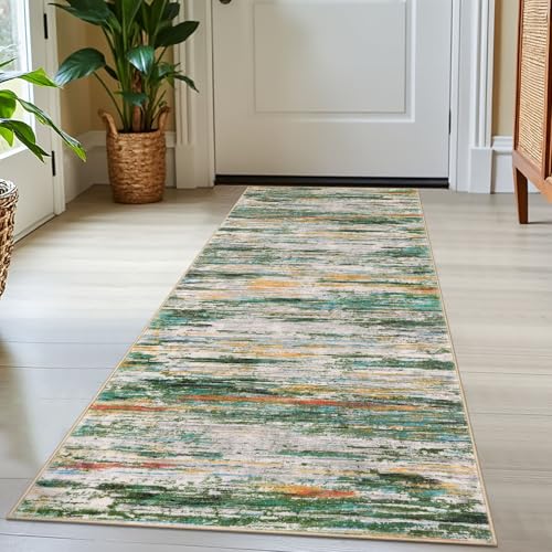 2x5 Green Teal Orange Multi Modern Abstract Runner Rug for Hallway, Super Soft Hallway Decor Kitchen Rugs with Non-Slip, Non-Shedding Washable Rug for Hallways Entryway Bedroom Laundry Indoor
