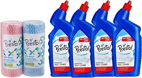 Image of Amazon Brand - Presto! Disinfectant Toilet Cleaner - 1 L (Pack of 4) & Non-woven Kitchen Towel Roll - 80 Pulls (Pack of 2)