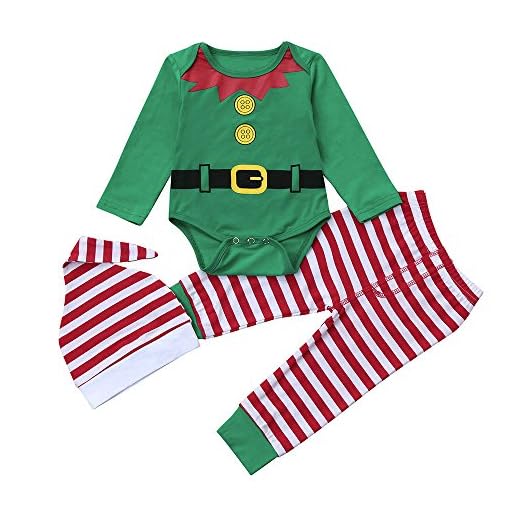Infantil Disfraz Navidad Fossen Recien Nacido Niña Niño Bebe Monos Tops y Pantalones de Raya + Sombrero (6-12 Meses, Verde)