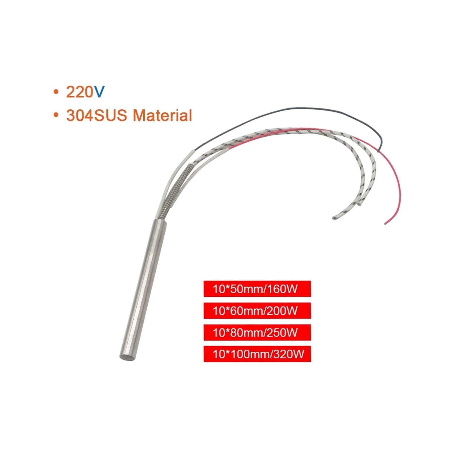 PVUVT Resistenze a cartuccia 220V elemento riscaldante da 2 pezzi con termocoppia di tipo K 200W/250W/320W diametro del tubo in acciaio inossidabile 304 da 10 mm(304SUS 320W 10x100mm)