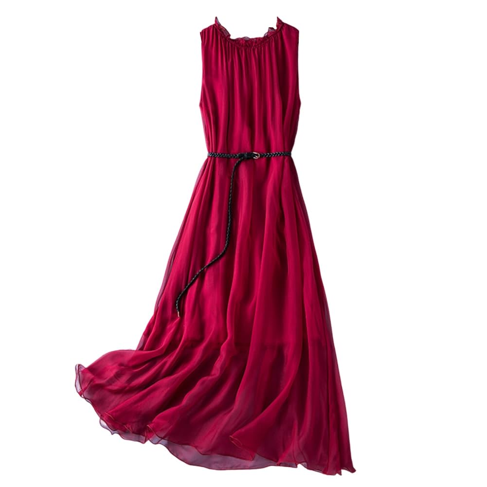 DISSA Damen Seidenkleid Einfarbiges Rundhals Ohne Arm 100% Seide Kleid Luftiges Hoch Taillierte Rüschen Knielanges Mulberry Seidenkleid,D98003