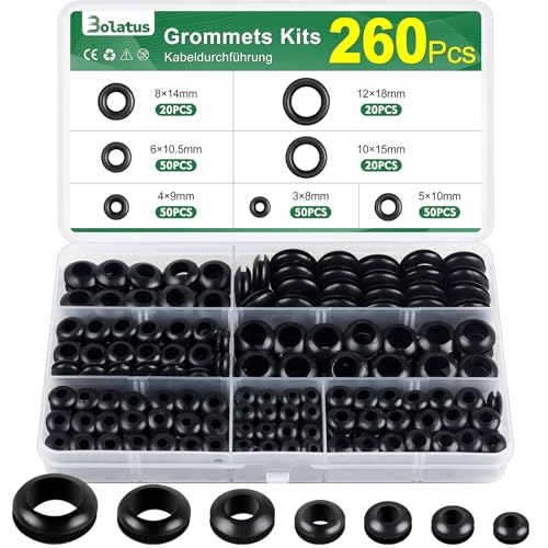 260 Stück Kabeldurchführunggummi Bolatus Durchgangstüllen 7 Größen Gummitüllen Set Kabeltülle Gummistopfen für Elektroinstallation Kabelkanal Kabelschutz Schwarz