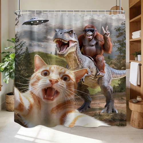 Image of Extra Long Shower Curtain XL Fun Cat Riding Dinosaur, 108 x 72 Inchs
