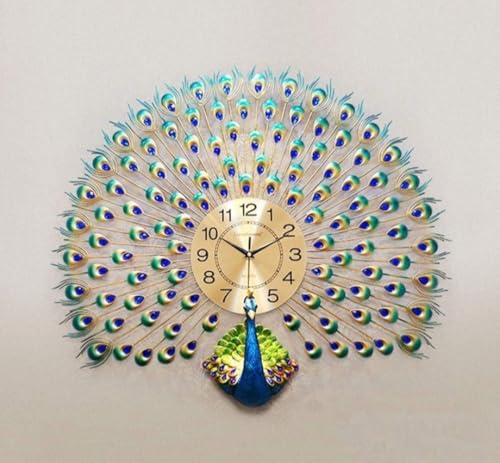 Image of ZUAN Store Luxury Decorative Peacock Wall Clock, Large Metal Art Clock with Crystal Feathers, Turquoise and Gold