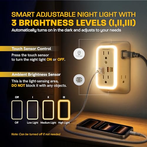 Image of Multi Plug Wall Outlet Extender - 6 Outlet Splitter & 4 USB Ports with Fast Charging Type C PD 20W, Smart Night Light, 3 Side Power Strip 1050J Protector