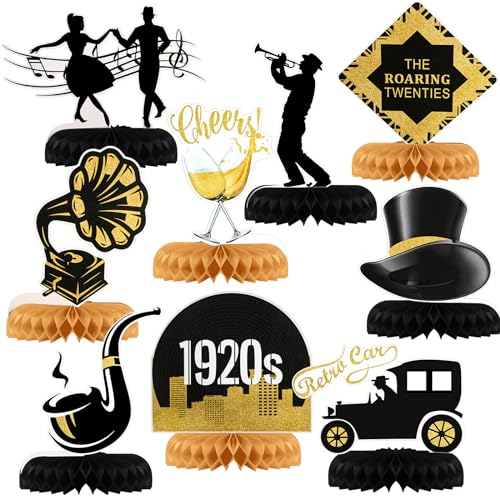 9 Pcs Roaring 20s Party Decorations Jazz Roaring 1920's Party Honeycomb Centerpiece Black and Gold Roaring 20s Honeycomb Centerpiece Vintage Music Themed Table Toppers 1920s Wedding Party Supplies