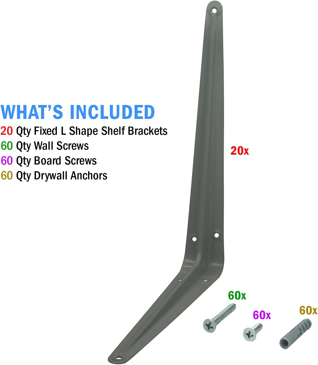 Nuk3y L Shape Heavy Duty Shelf Bracket with Screws, 20 Pack (10"" x 12"", Gray)