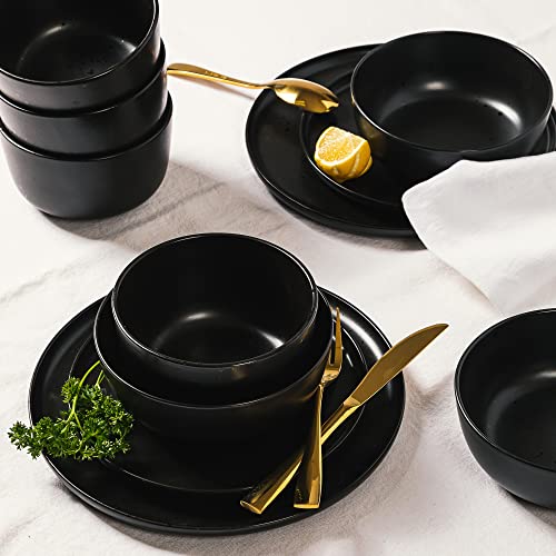 Image of Gibson Elite James Street Stoneware Matte Reactive Double Bowl Dinnerware Set - Pepper Black, Service for 4 (16pcs)