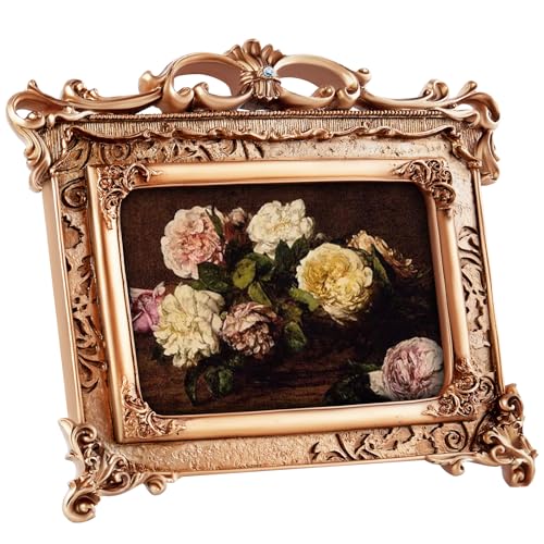 Image of 5x7 Gold Picture Frame Baroque, Victorian Vintage Ornate Design, Glass Front, Tabletop & Wall Display, Horizontal Orientation, Bronze
