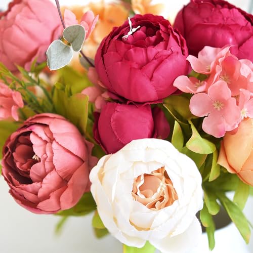 Image of FiveSeasonStuff Artificial Peony Bouquets, 2 Silk Flower Bundles in Peach, Coral, Cream & Burgundy with Hydrangeas for Wedding Centerpieces & Home Decor (Country Delightful)