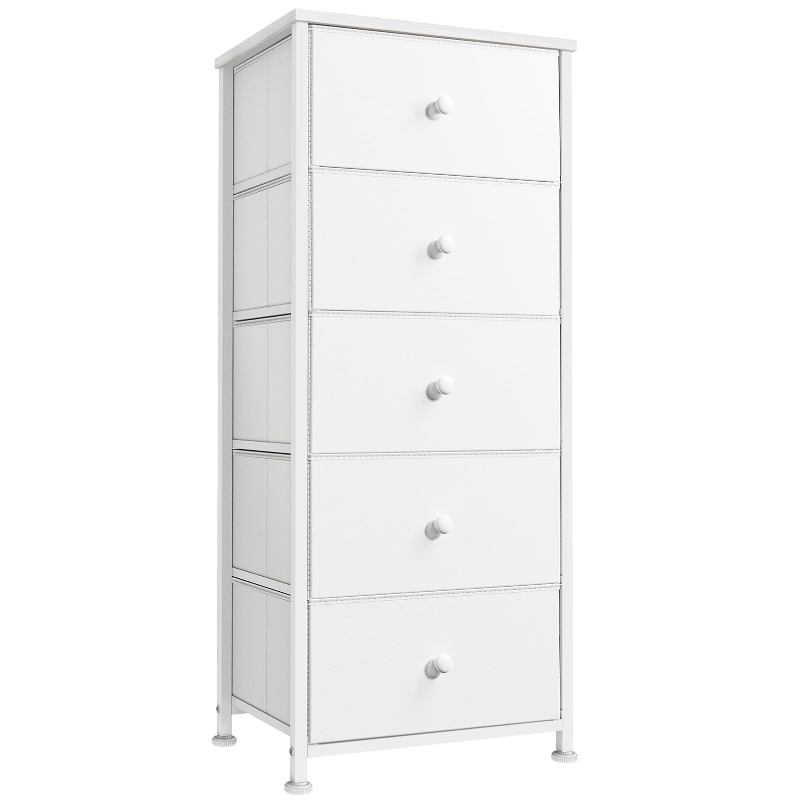 REAHOME Dresser for Bedroom with 5 Drawers, Faux Leather Chest of Drawers, Sturdy Steel Frame, Wood Top, Large Capacity Organizer Tower for Living Room, Entryway, Office, Leather White