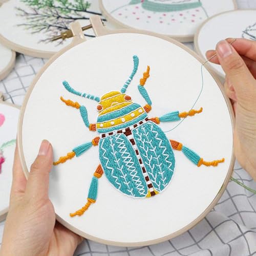 Image of Louise Maelys 3 Sets Beetle Embroidery Kits for Beginners,Cross Stitch Kit for Adults,DIY Needlepoint for Starters Including Flowers Pattern, Hoop,Instruction and Threads