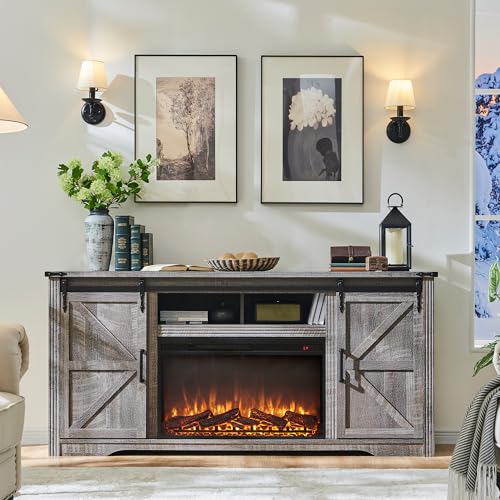 Image of Farmhouse 70 inchFireplace TV Stand for 80 Inch TV, 4 Drawers&Sliding Barn Door | 32 inch Tall Entertainment Center, 70 Inch Highboy Media Console for Living Room, Grey Wash