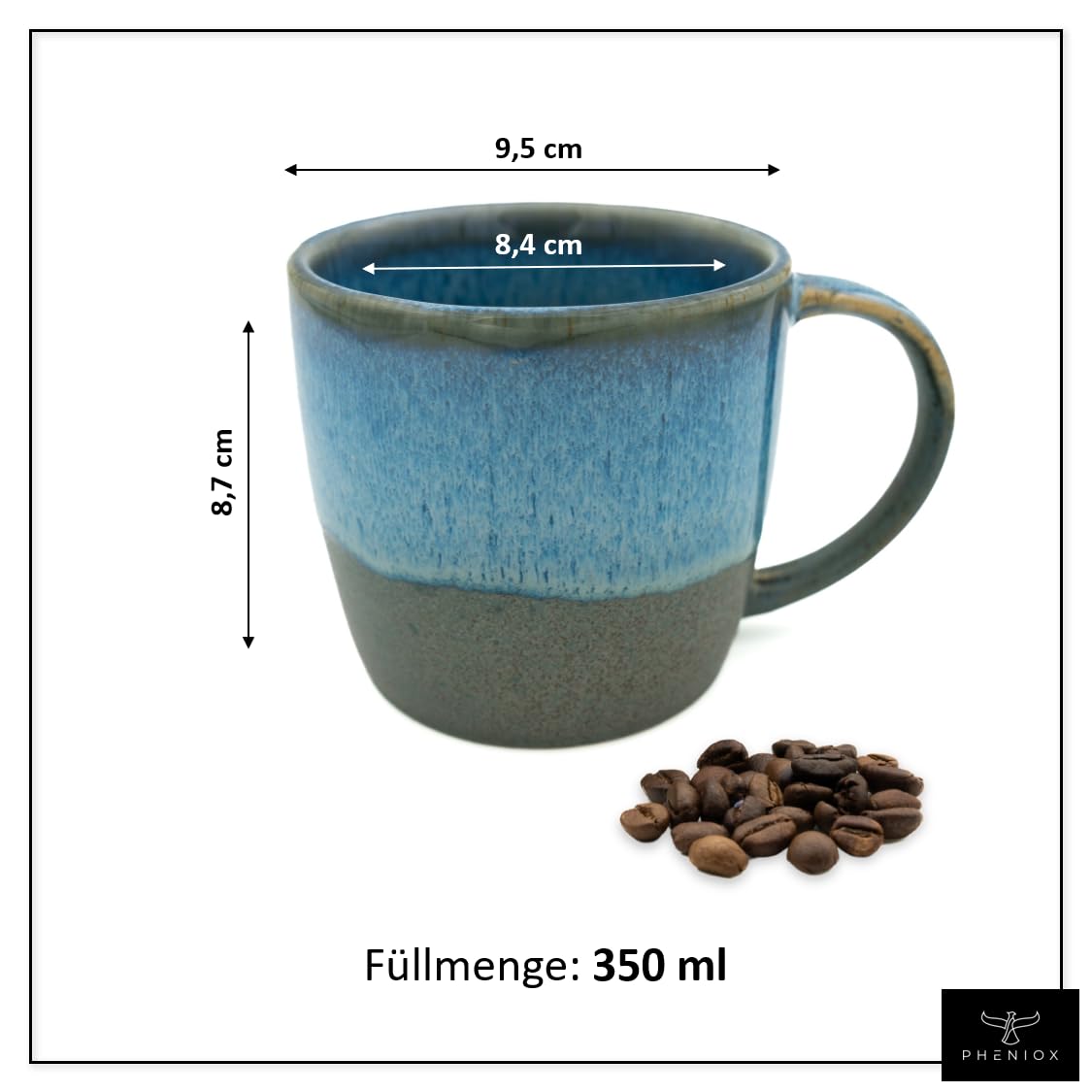 Pheniox Cappucino zestaw filiżanek Ocean, 2 x 350 ml, kamionka, z uchwytem, nadają się do mycia w zmywarce i używania w kuchence mikrofalowej, pudełko prezentowe