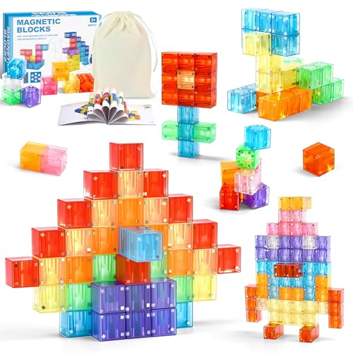 Charmofun Magnetische Bausteine, 48 Stück Magnetic Building Blocks Magnetwürfel, Magnetspiel Magnet Spielzeug Kinder, STEM Magnetbausteine Kinder, Geschenk für Jungen und Mädchen ab 3 4 5 6 7 8 Jahren
